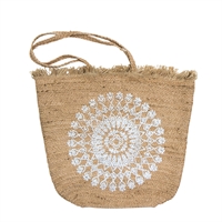 Jute bag, w/silver print and fringes