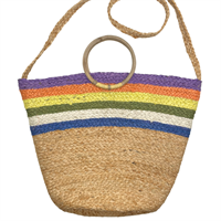 Jute bag, blue/orange/green stripes w/bamboo handle