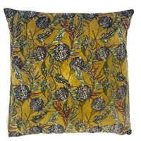 Cushion mustard yellow w/leaves, 50x50, incl filler