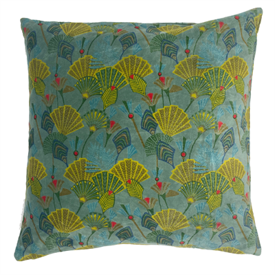 Cushion turquoise w/yellow/green leaves, 50x50, incl filler