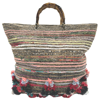 Multi colour cotton/viscose bag with "bamboo" handle
