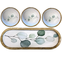 Trays oval with 3 bowls, set og 4, white w/green, blue, white leaves